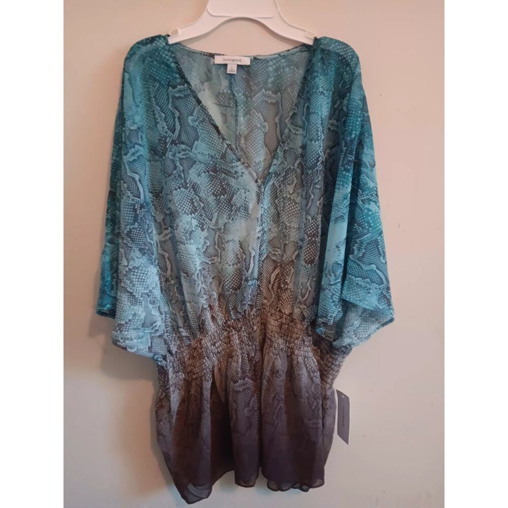 Monograph Blouse, Women's Size Large, Sheer, Babydoll, Snake Print, V-neck NWT